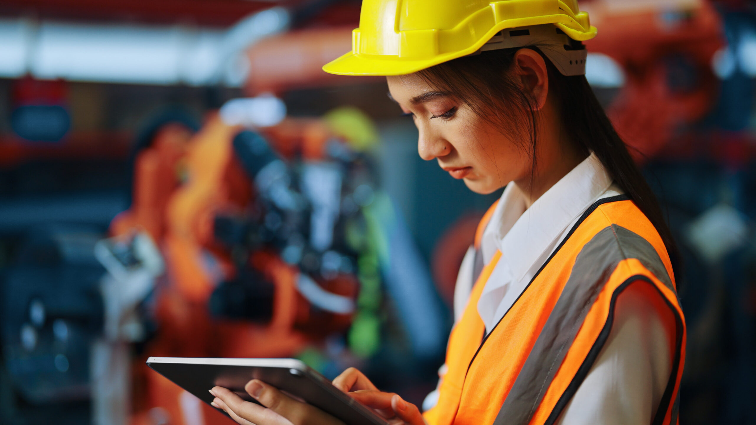 Female engineer portrait, Confident female industrial engineer with safety uniform protection working at factory, Engineer portrait concept, Asian female manager engineer