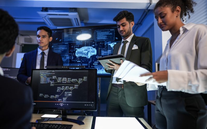 Software developers analyzing neural network architecture for automotive AI on large screens in a high-tech office during a night shift.